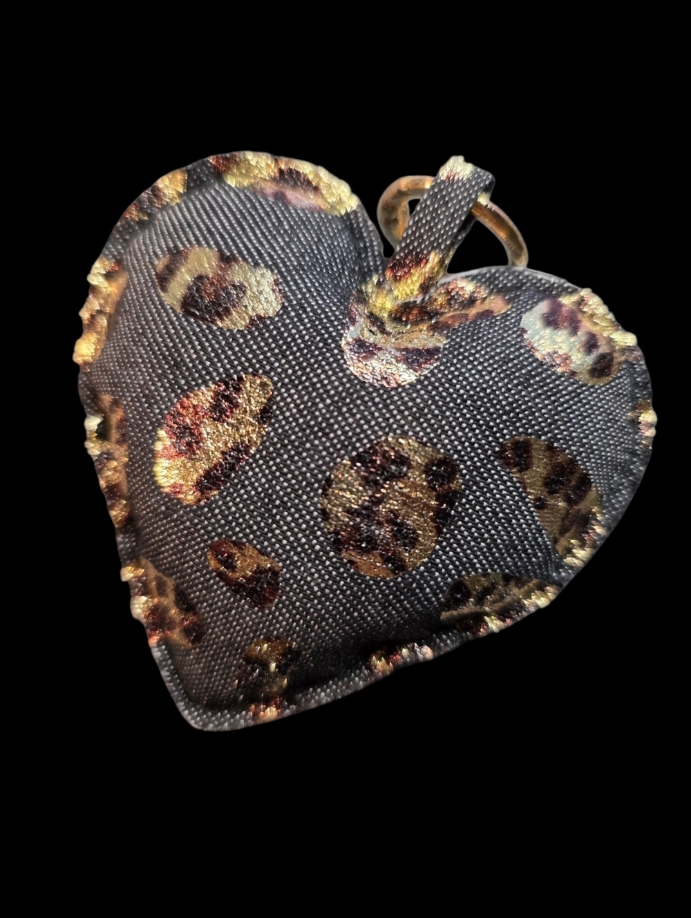 Denim Leopard Print Heart Keychain - Black & Gold